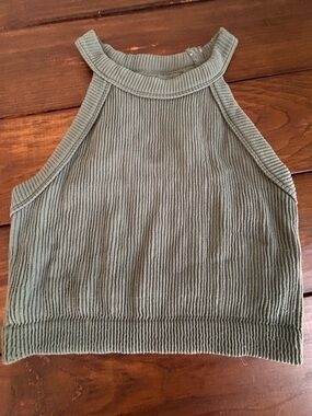 Aerie Ribbed High Neck Crop Tank - Olive Green Coastal Yoga Aesthetic Sz L